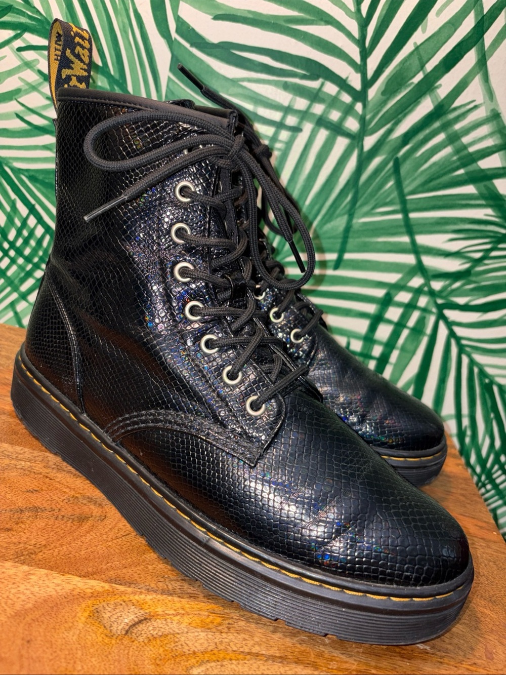 Dr. Martens Zavala Iridescent Reptile Embossed Black Leather Combat Boots
